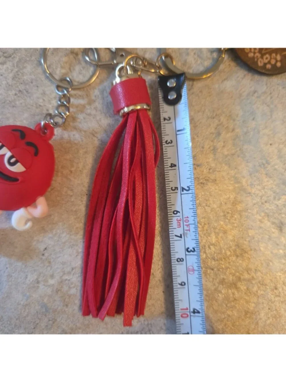 Red M&M Pendant Key Ring with Tassel and Wood MaMa Charm Gold Tone